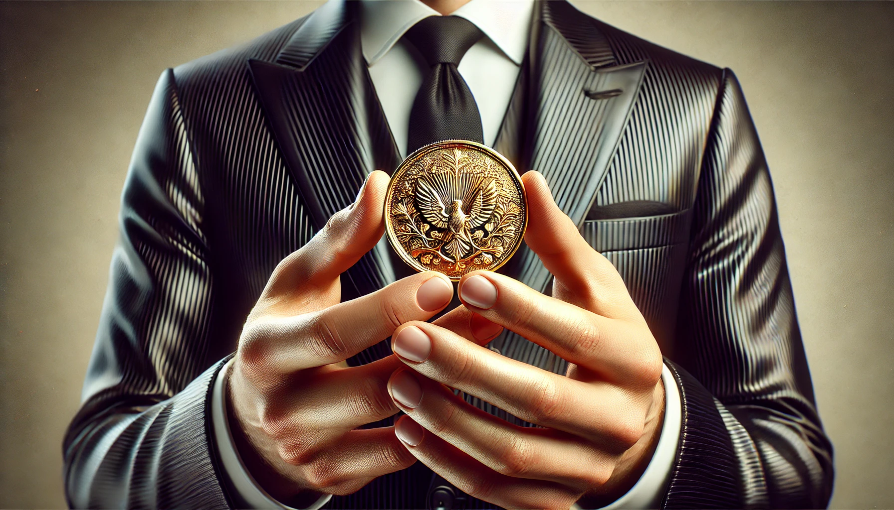 A man in a perfectly tailored black suit holds a gleaming gold coin between his hands.