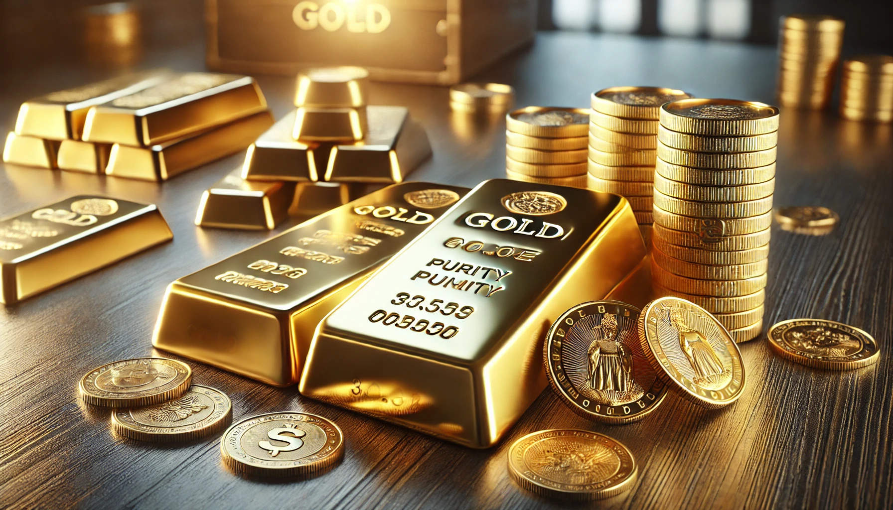 gold bars and coins neatly displayed on a wooden table in a well-lit, professional environment.