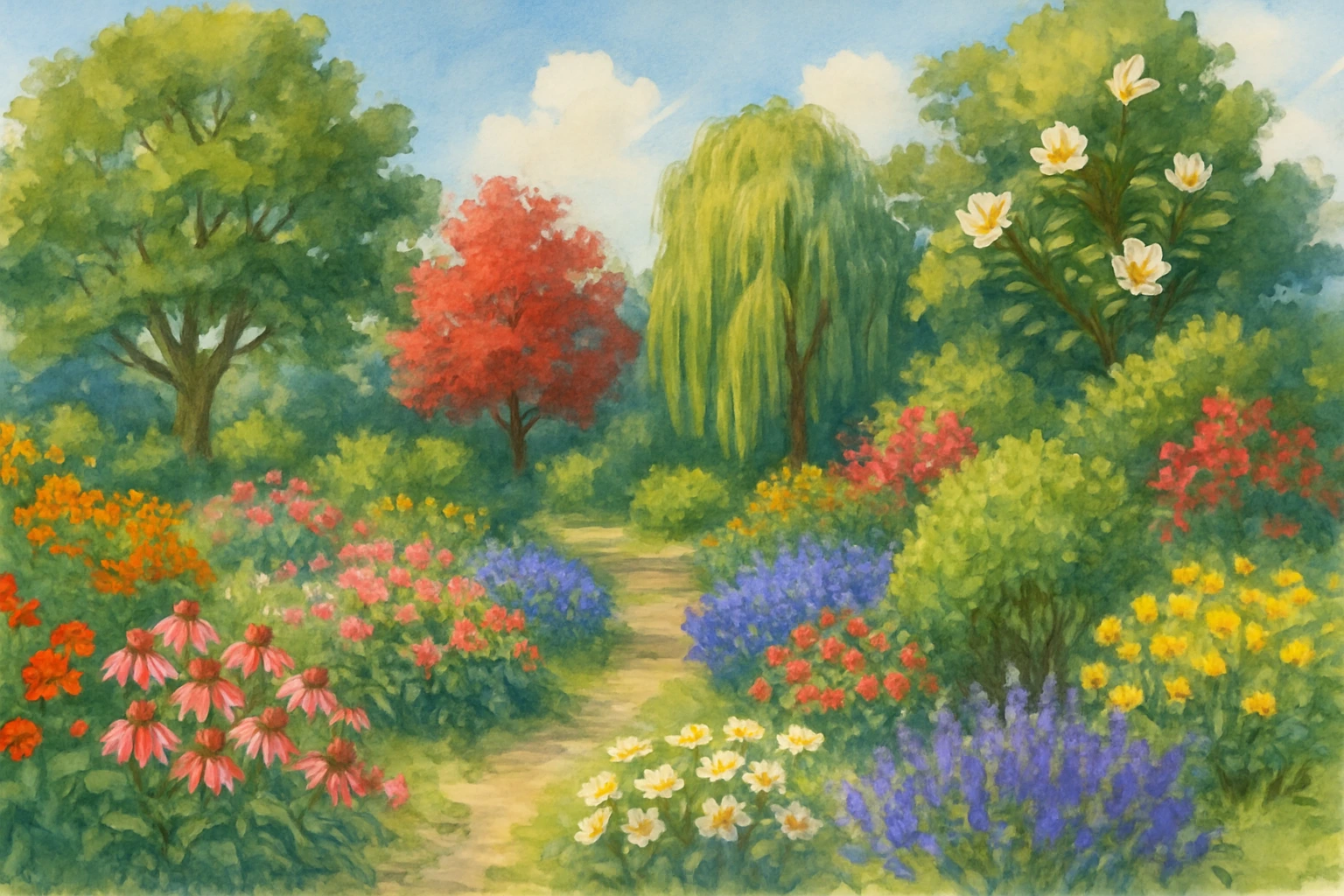 A bright garden surrounded by trees.