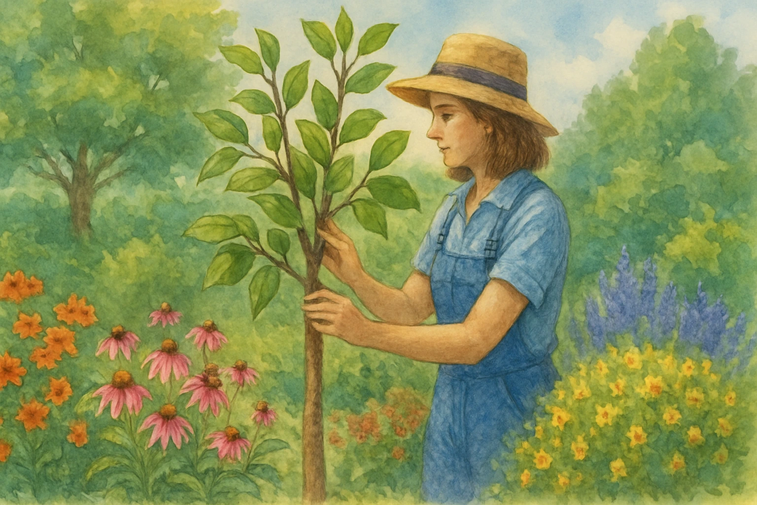 A woman is planting a tree in her garden.