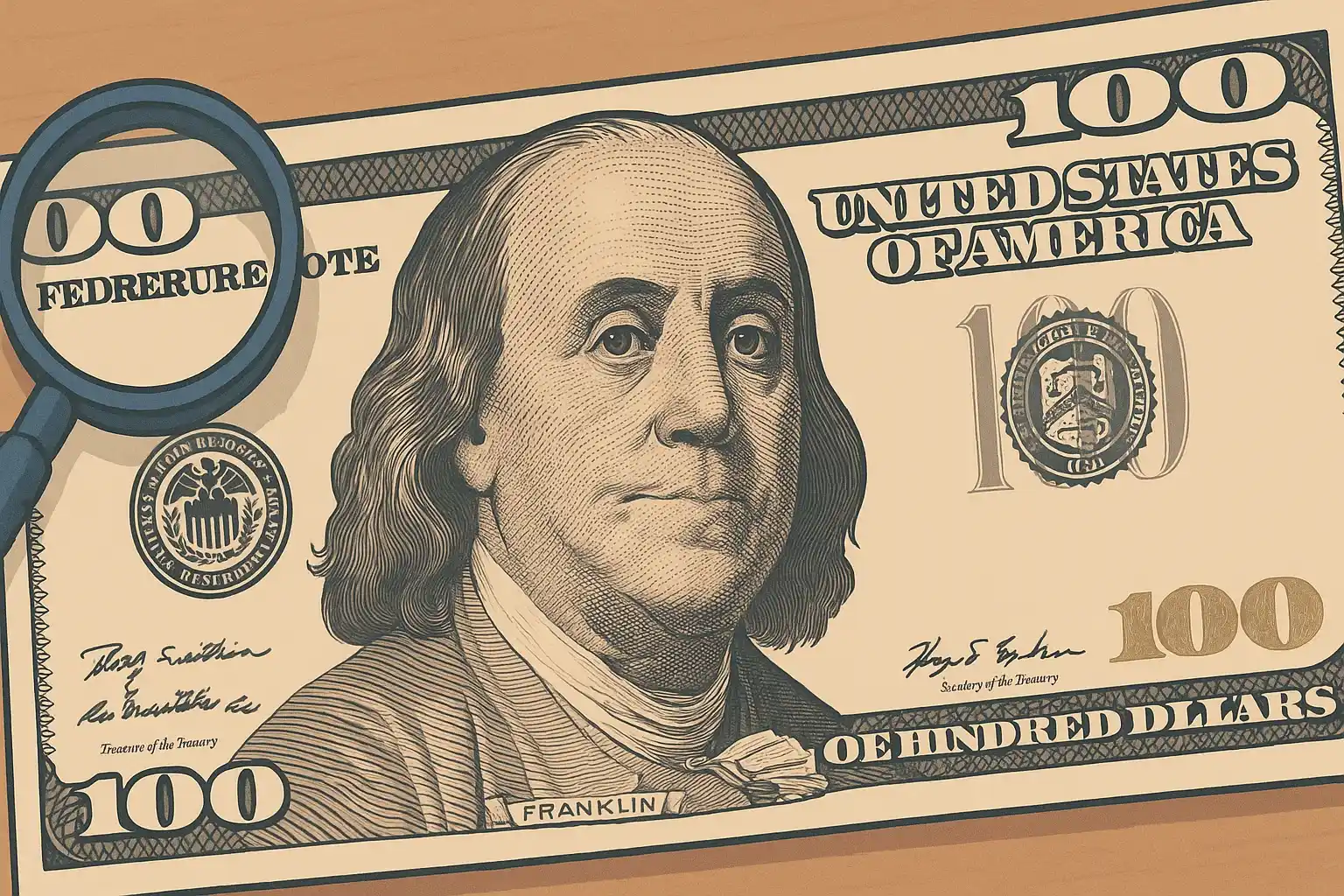 A face of a $100 bill with lines and design highlighted.