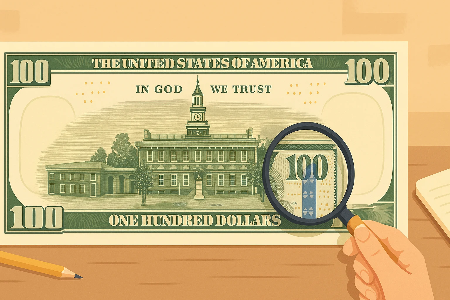 A reverse side of a $100 bill with Independence Hall.